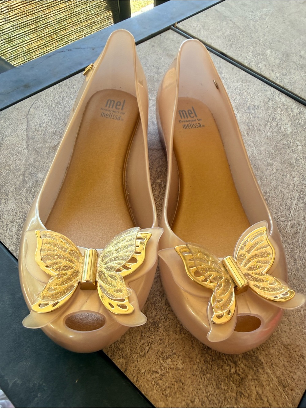Mel by Melissa Nude Jelly Flats with Gold Butterfly Detail